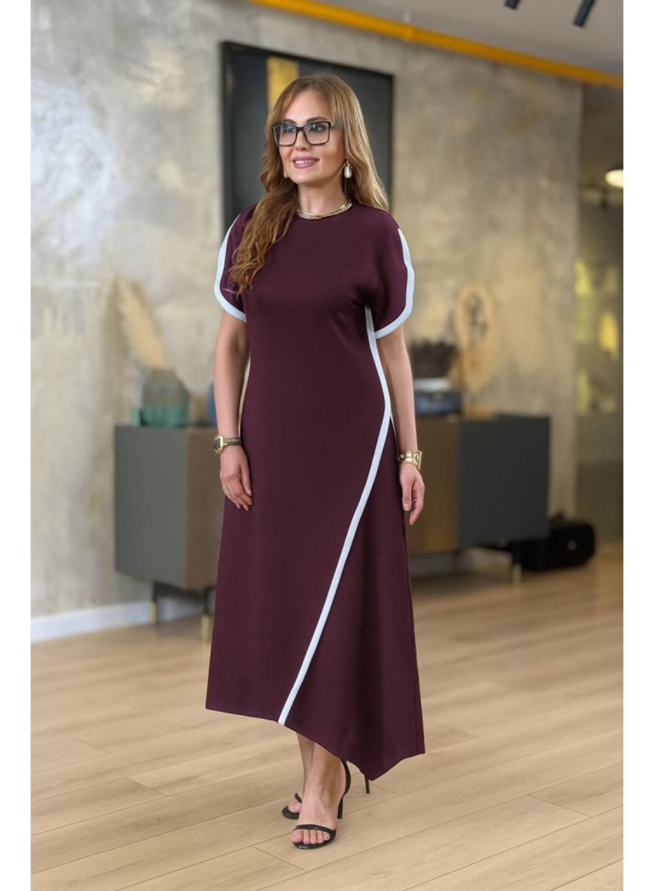 Kadın Kısa Kollu Bisiklet Yaka çift şerit Renk Detaylı Asimetrik Kesim Viskon Iki Iplik Elbise