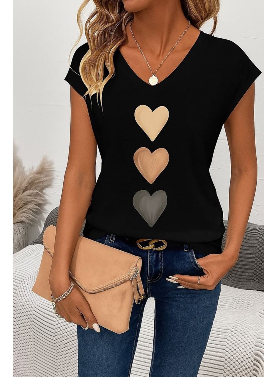 Kadın Kısa Kollu V Yakalı Kalp Desen Viskon Bluz