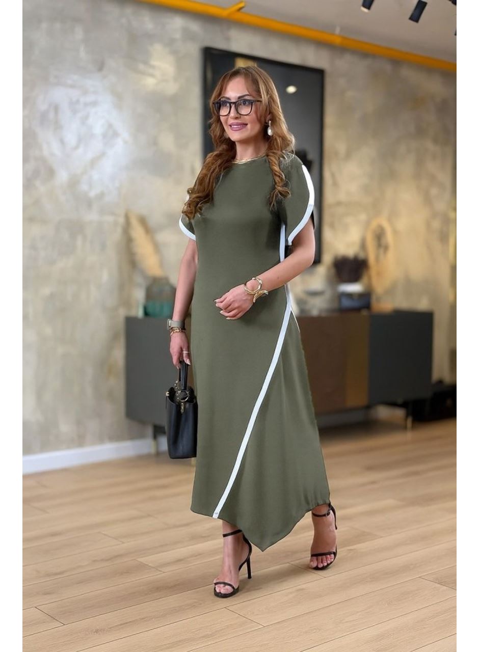 Kadın Kısa Kollu Bisiklet Yaka çift şerit Renk Detaylı Asimetrik Kesim Viskon Iki Iplik Elbise