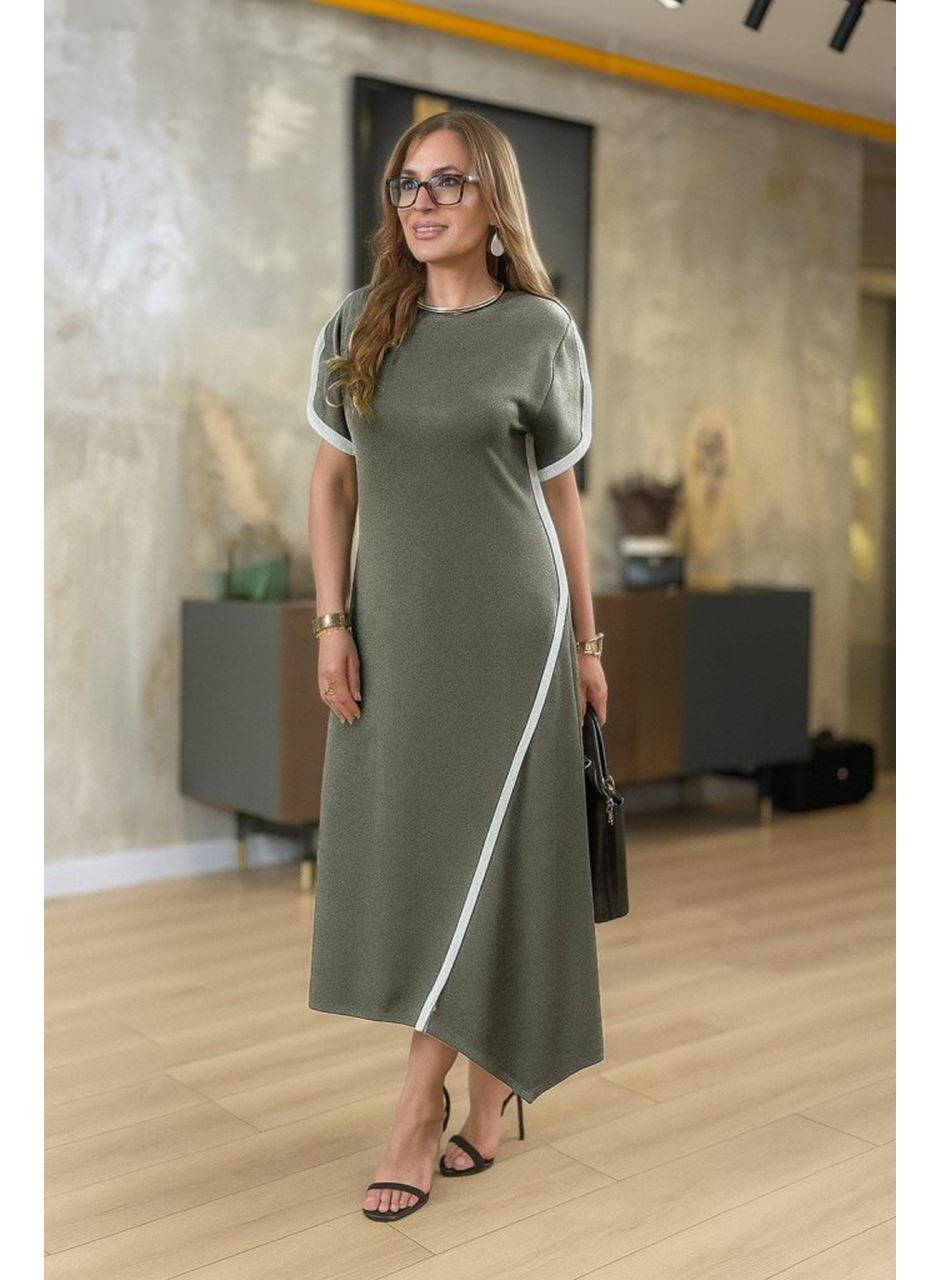 Kadın Kısa Kollu Bisiklet Yaka çift şerit Renk Detaylı Asimetrik Kesim Viskon Iki Iplik Elbise
