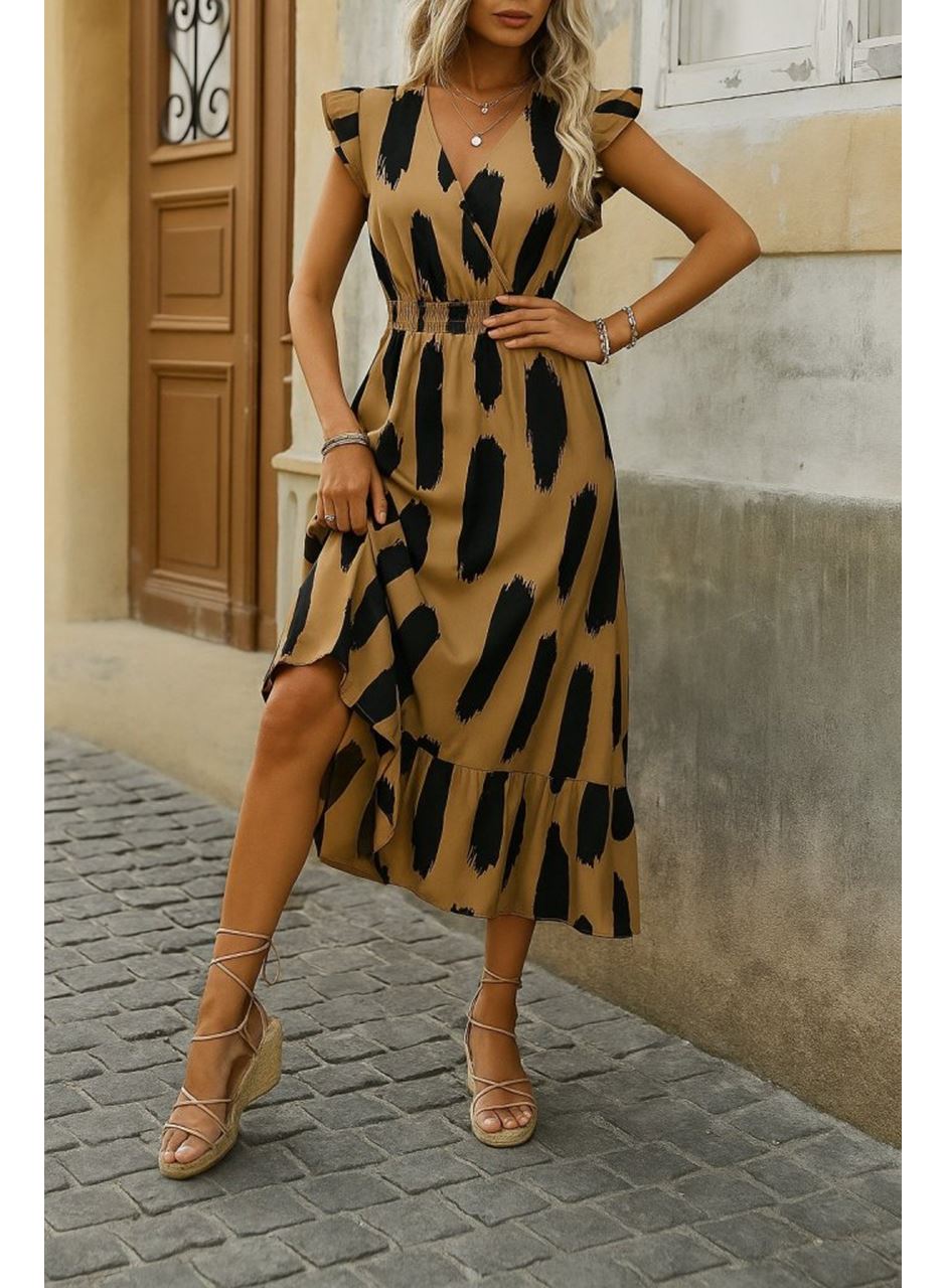 Kadın Kısa Kollu Kruvaze Yakalı Fırfırlı Süprem Elbise