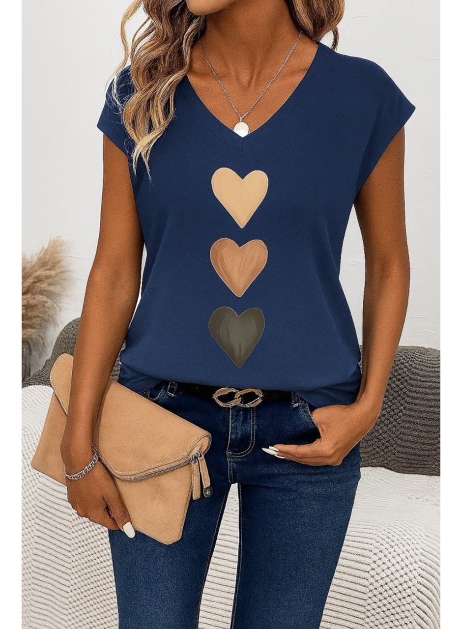 Kadın Kısa Kollu V Yakalı Kalp Desen Viskon Bluz