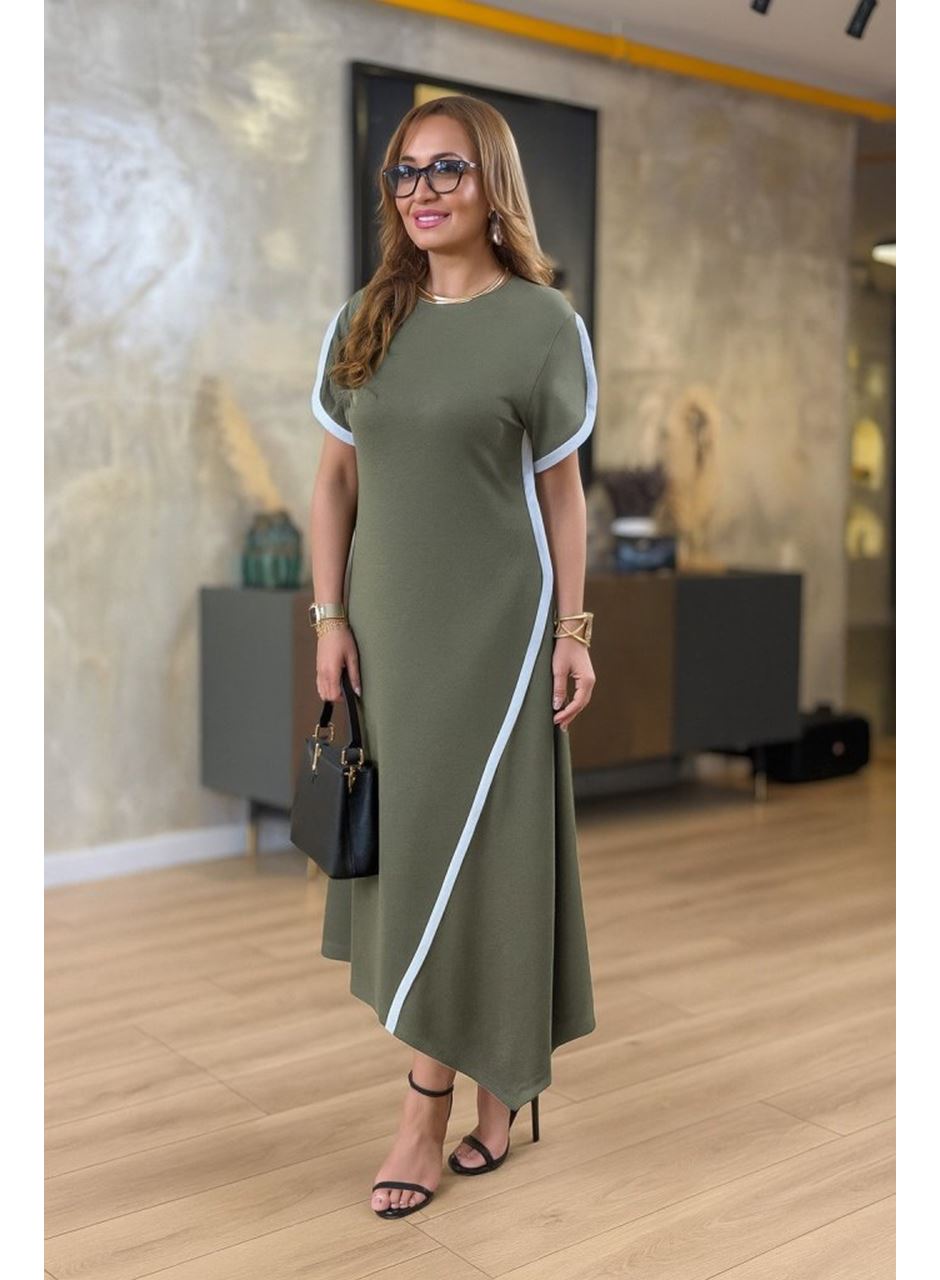 Kadın Kısa Kollu Bisiklet Yaka çift şerit Renk Detaylı Asimetrik Kesim Viskon Iki Iplik Elbise