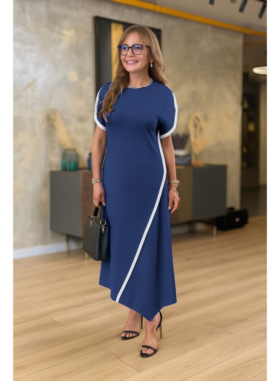 Kadın Kısa Kollu Bisiklet Yaka çift şerit Renk Detaylı Asimetrik Kesim Viskon Iki Iplik Elbise