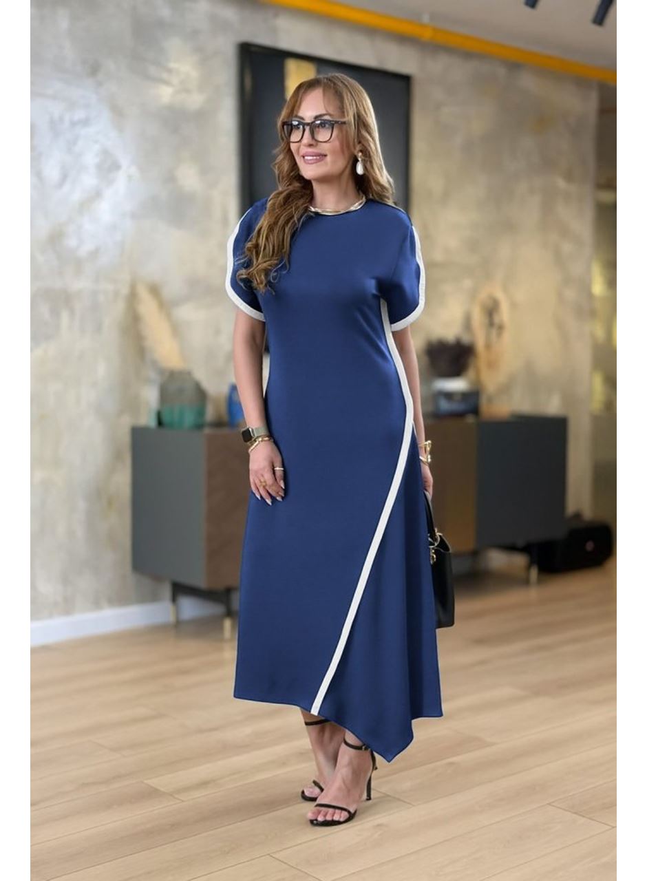 Kadın Kısa Kollu Bisiklet Yaka çift şerit Renk Detaylı Asimetrik Kesim Viskon Iki Iplik Elbise