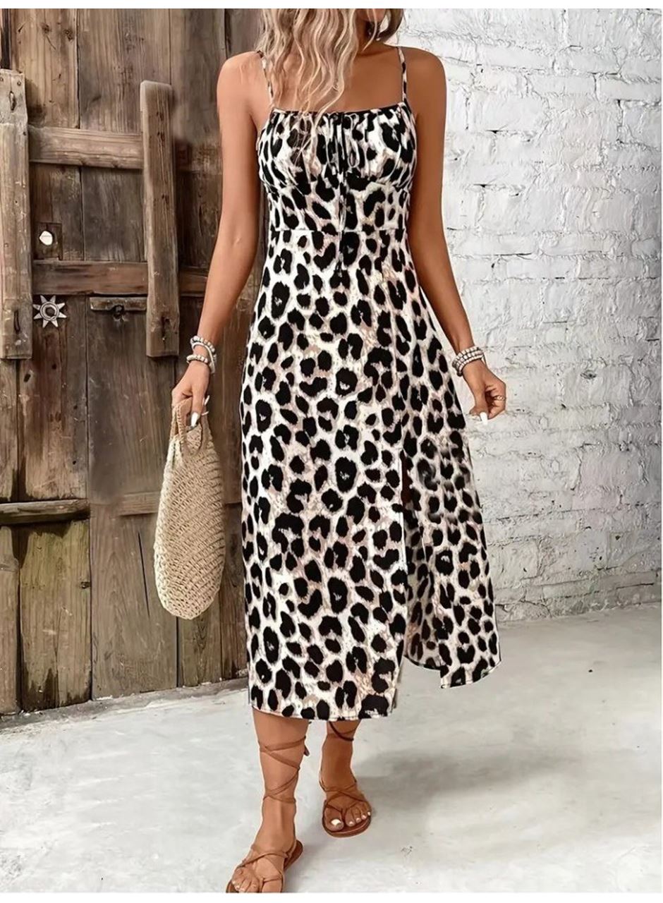 Kadın Askılı Yakadan Bağcıklı Yırtmaçlı Leopar Desenli Midi Süprem Elbise