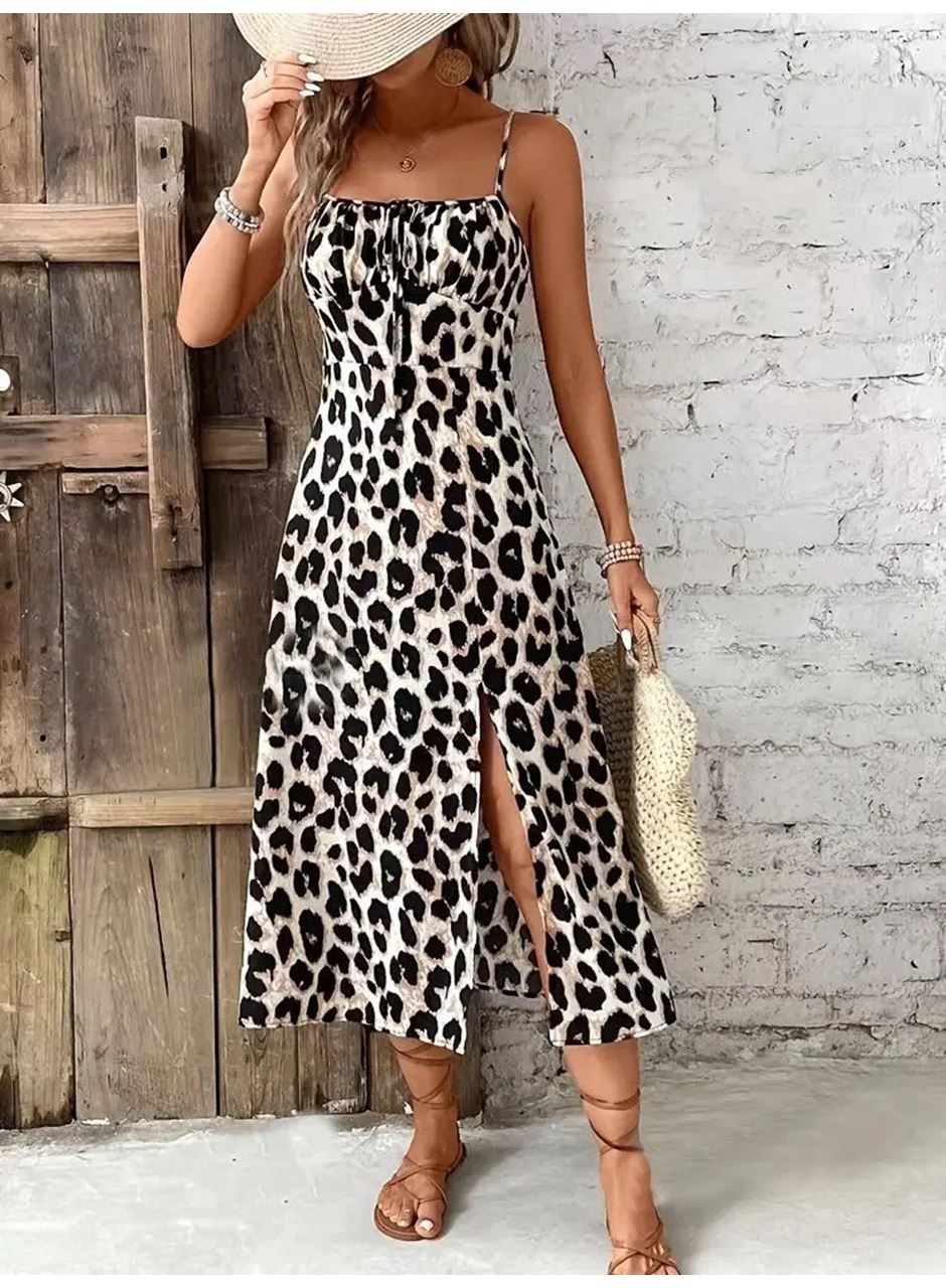 Kadın Askılı Yakadan Bağcıklı Yırtmaçlı Leopar Desenli Midi Süprem Elbise