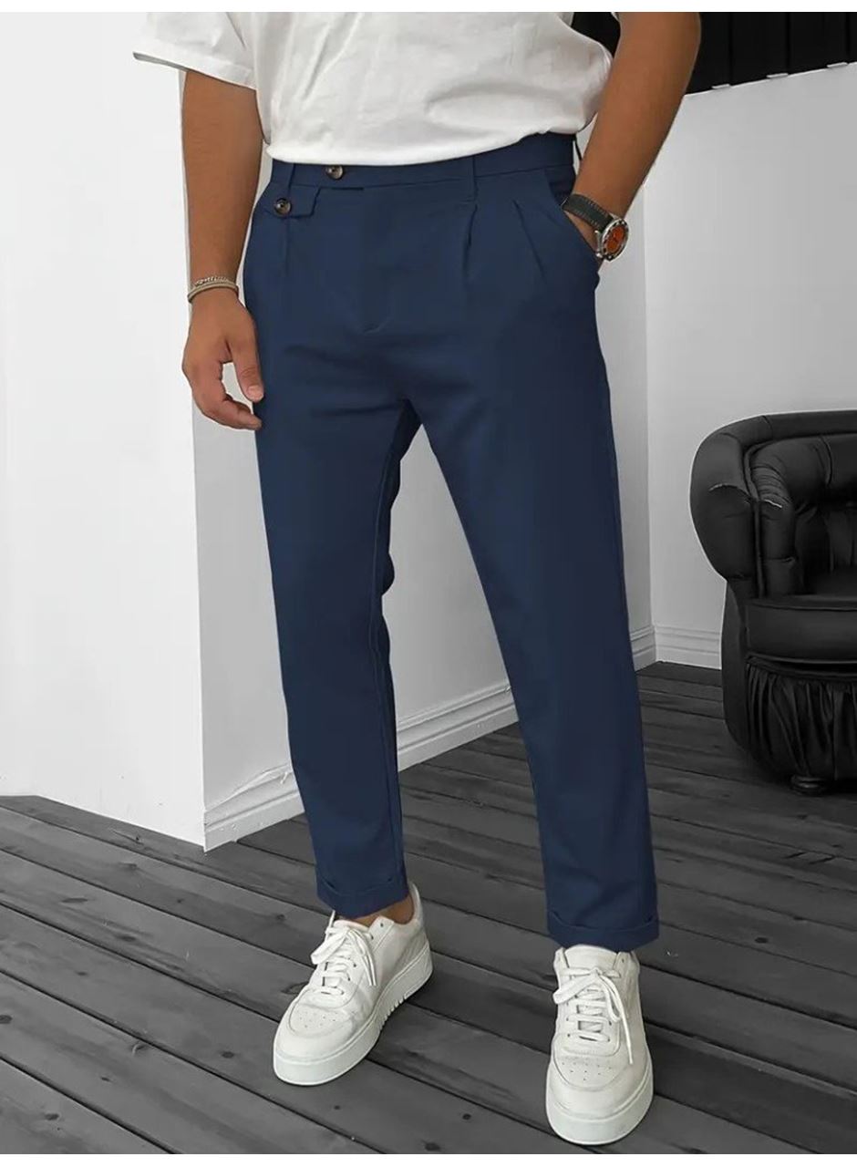 Erkek Belden Düğmeli Cepli Dokuma Pantolon