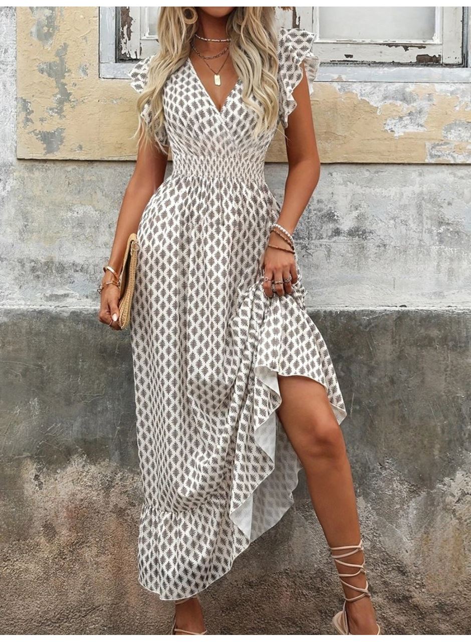 Kadın Kısa Kelebek Kollu Kruvaze Yakalı Desenli Süprem Elbise