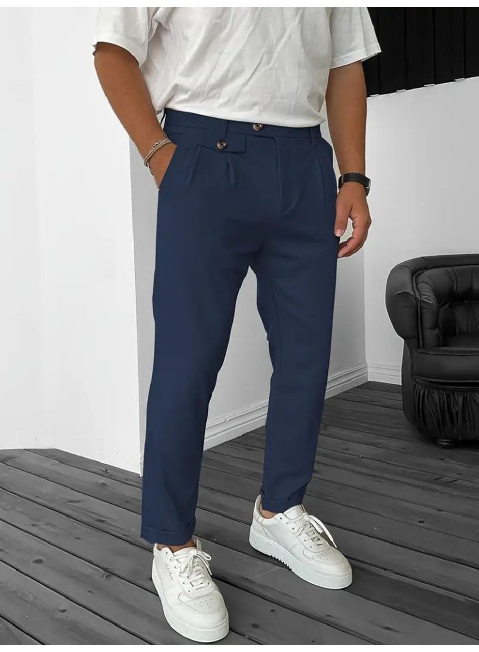 Erkek Belden Düğmeli Cepli Dokuma Pantolon