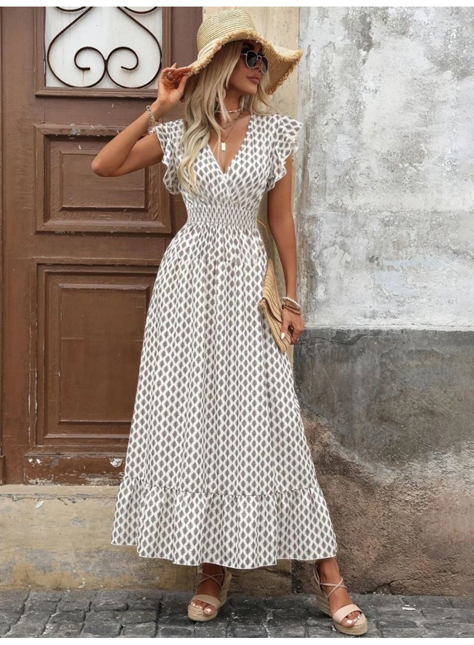 Kadın Kısa Kelebek Kollu Kruvaze Yakalı Desenli Süprem Elbise