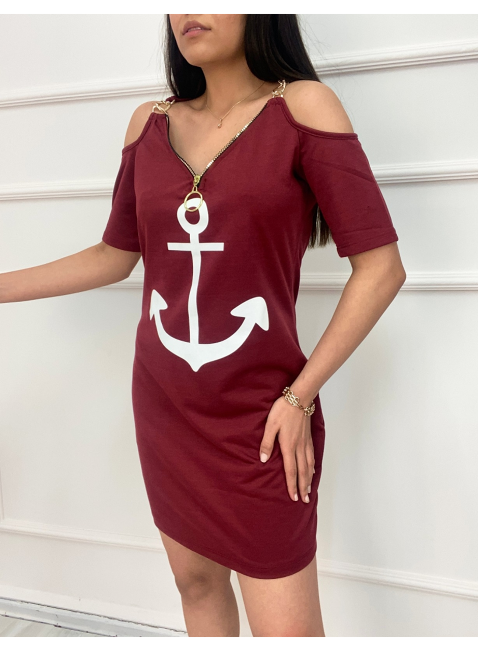 Fermuar Detay çıpa Baskılı Zincir Askılı Iki Iplik Elbise - Bordo