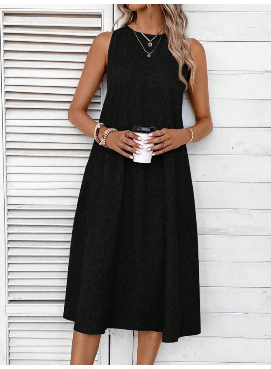 Kadın Kolsuz Bisiklet Yaka Cepli Midi Keten Elbise