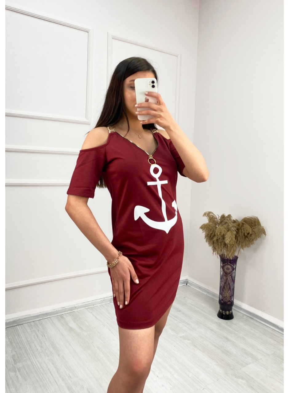 Fermuar Detay çıpa Baskılı Zincir Askılı Iki Iplik Elbise - Bordo