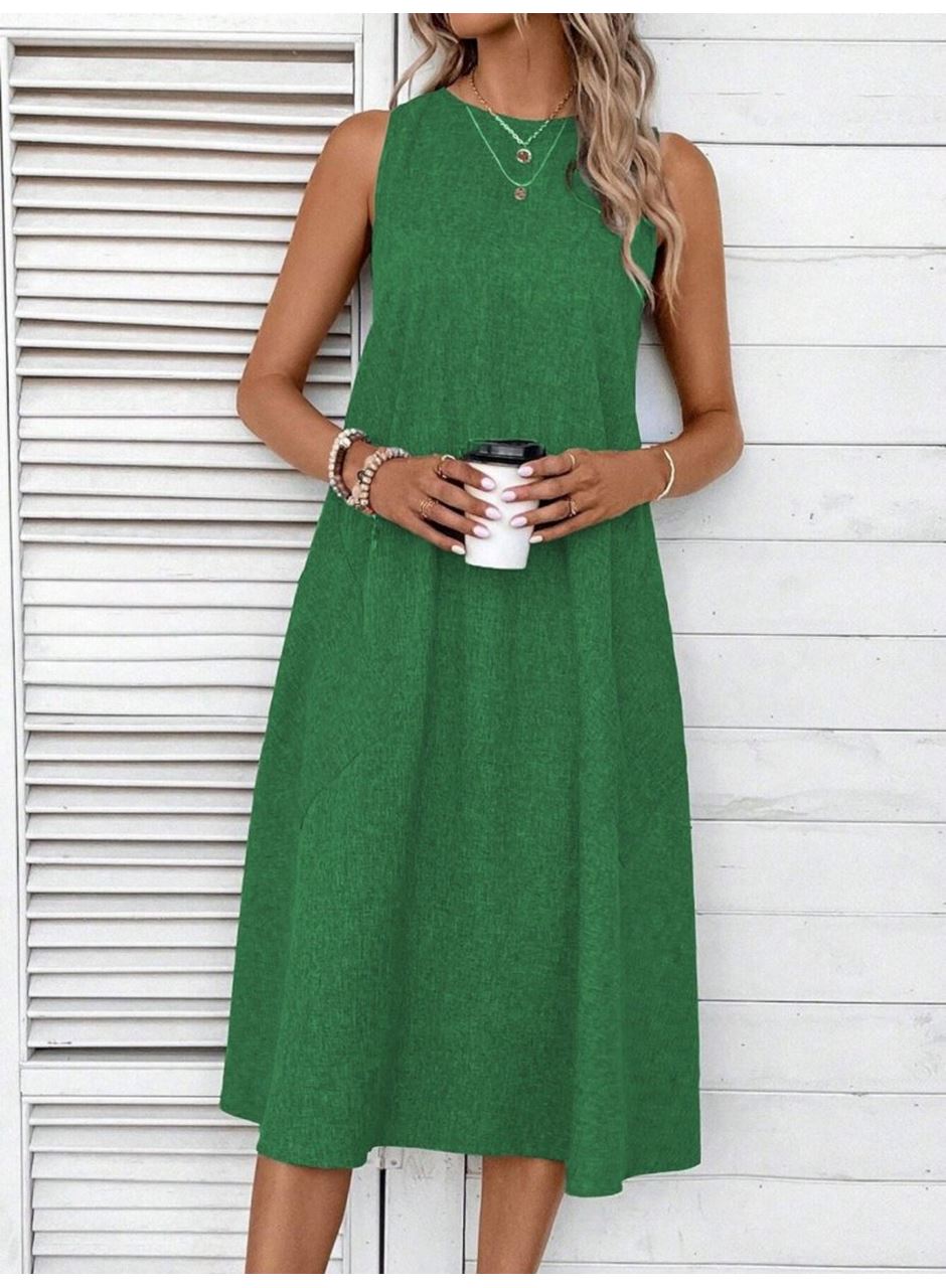 Kadın Kolsuz Bisiklet Yaka Cepli Midi Keten Elbise