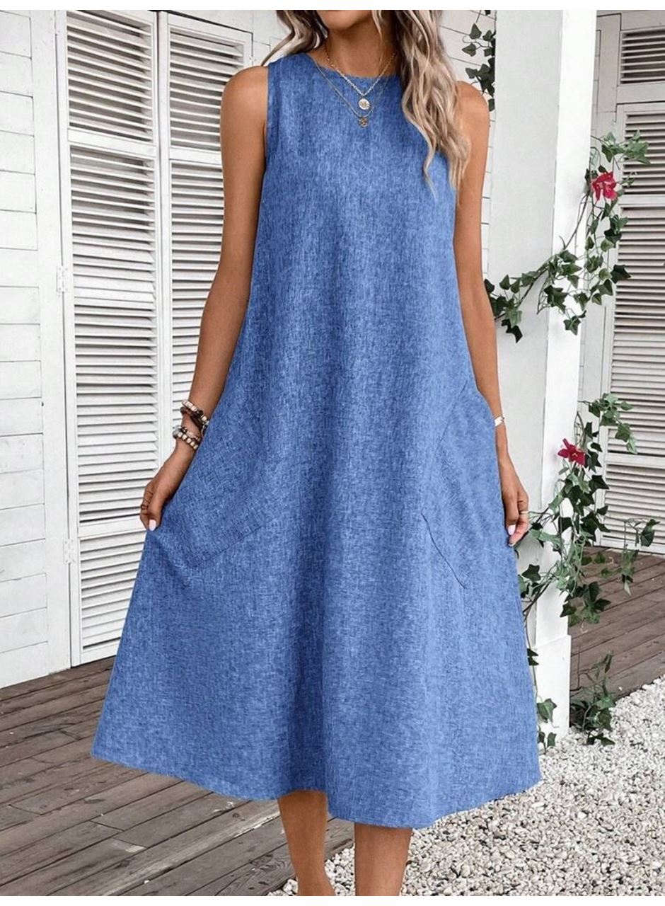 Kadın Kolsuz Bisiklet Yaka Cepli Midi Keten Elbise