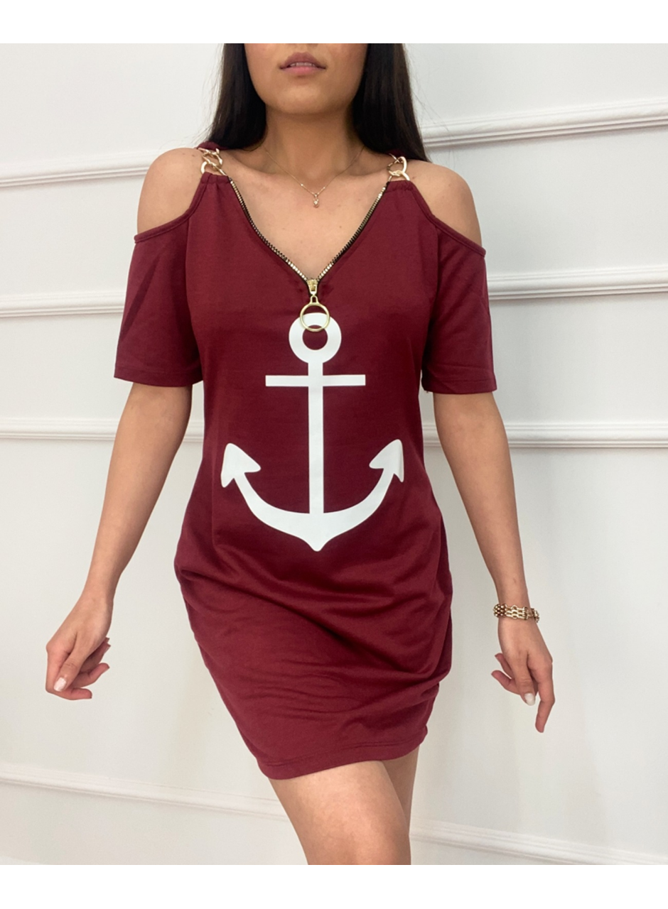 Fermuar Detay çıpa Baskılı Zincir Askılı Iki Iplik Elbise - Bordo