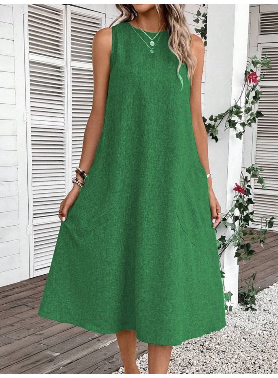 Kadın Kolsuz Bisiklet Yaka Cepli Midi Keten Elbise