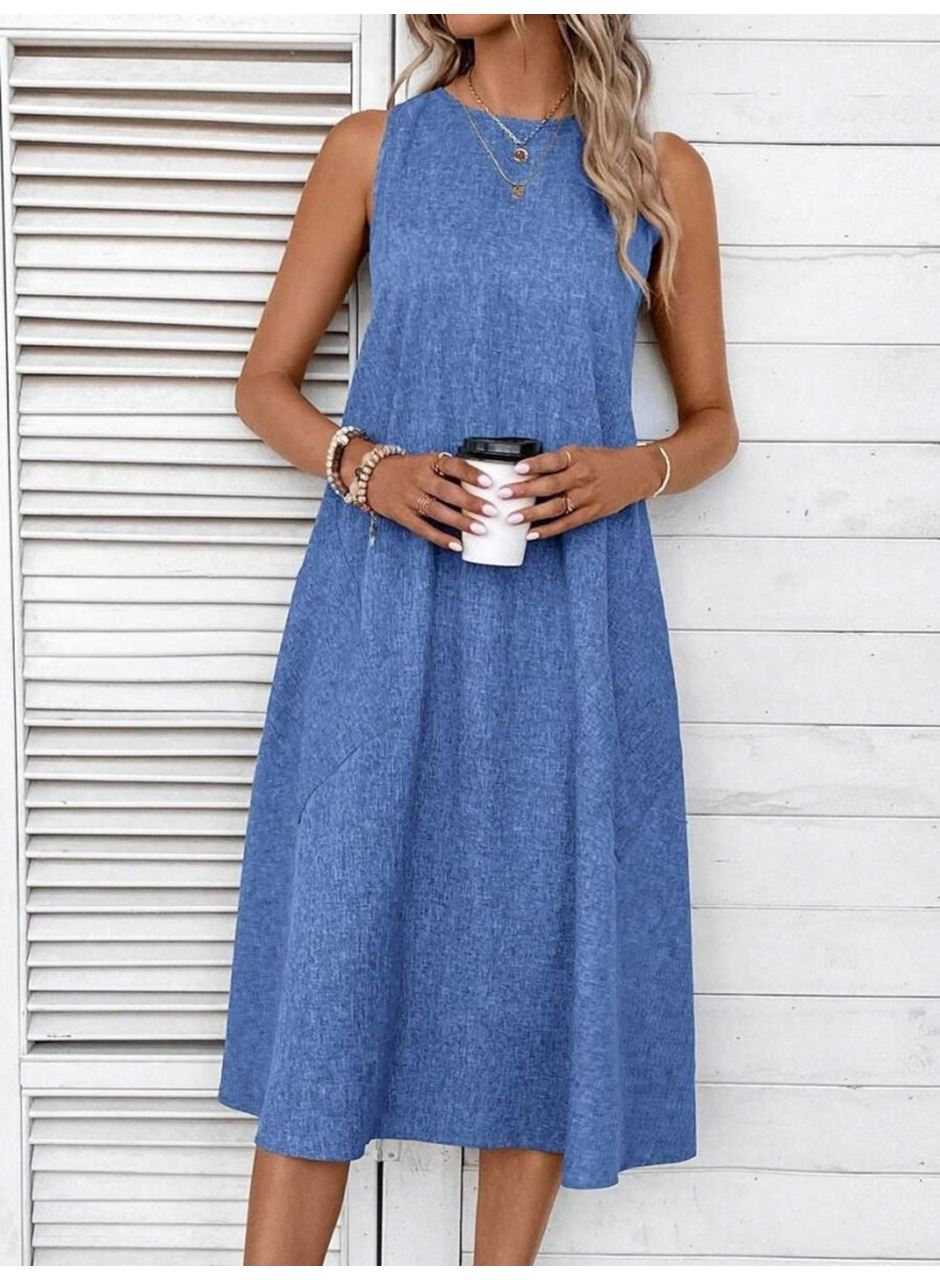 Kadın Kolsuz Bisiklet Yaka Cepli Midi Keten Elbise