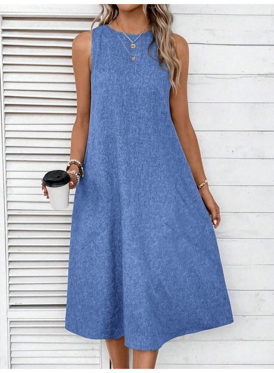 Kadın Kolsuz Bisiklet Yaka Cepli Midi Keten Elbise