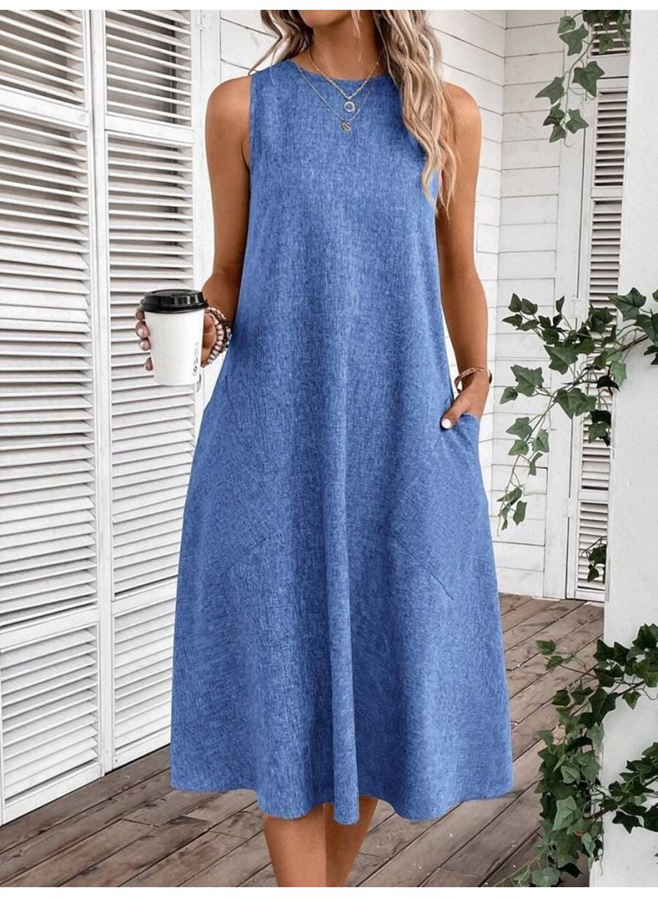 Kadın Kolsuz Bisiklet Yaka Cepli Midi Keten Elbise