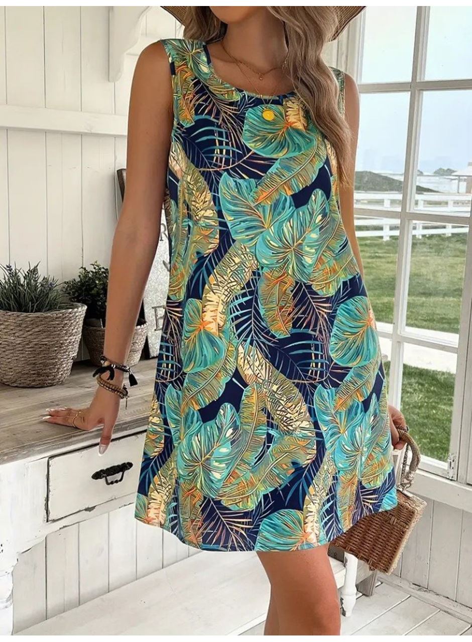 Kadın Sıfır Kollu Yuvarlak Yaka Desenli Süprem Elbise