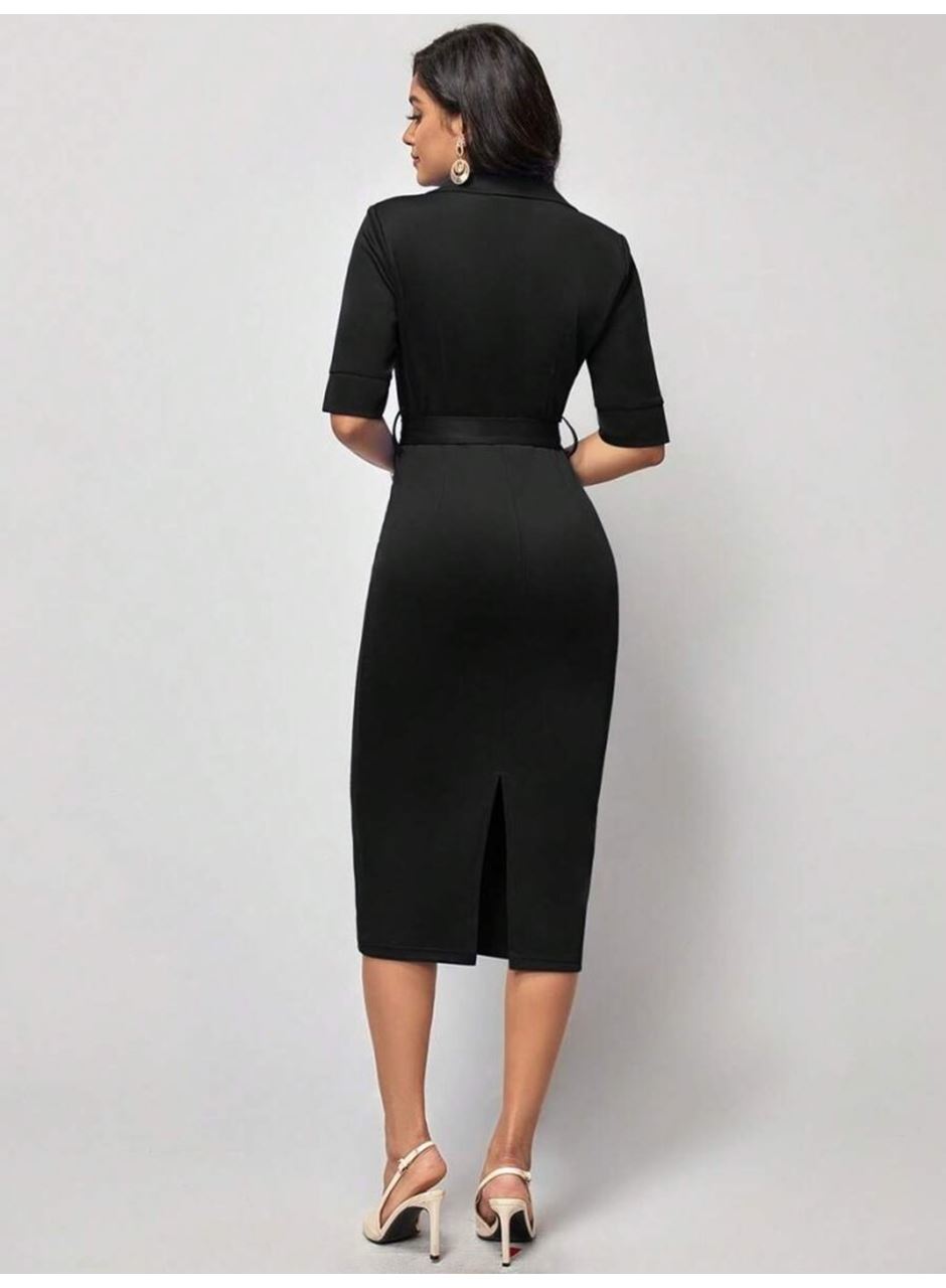 Kadın Kısa Kollu Yakalı Kruvaze Yakalı Beli Kemerli Midi Modal Elbise