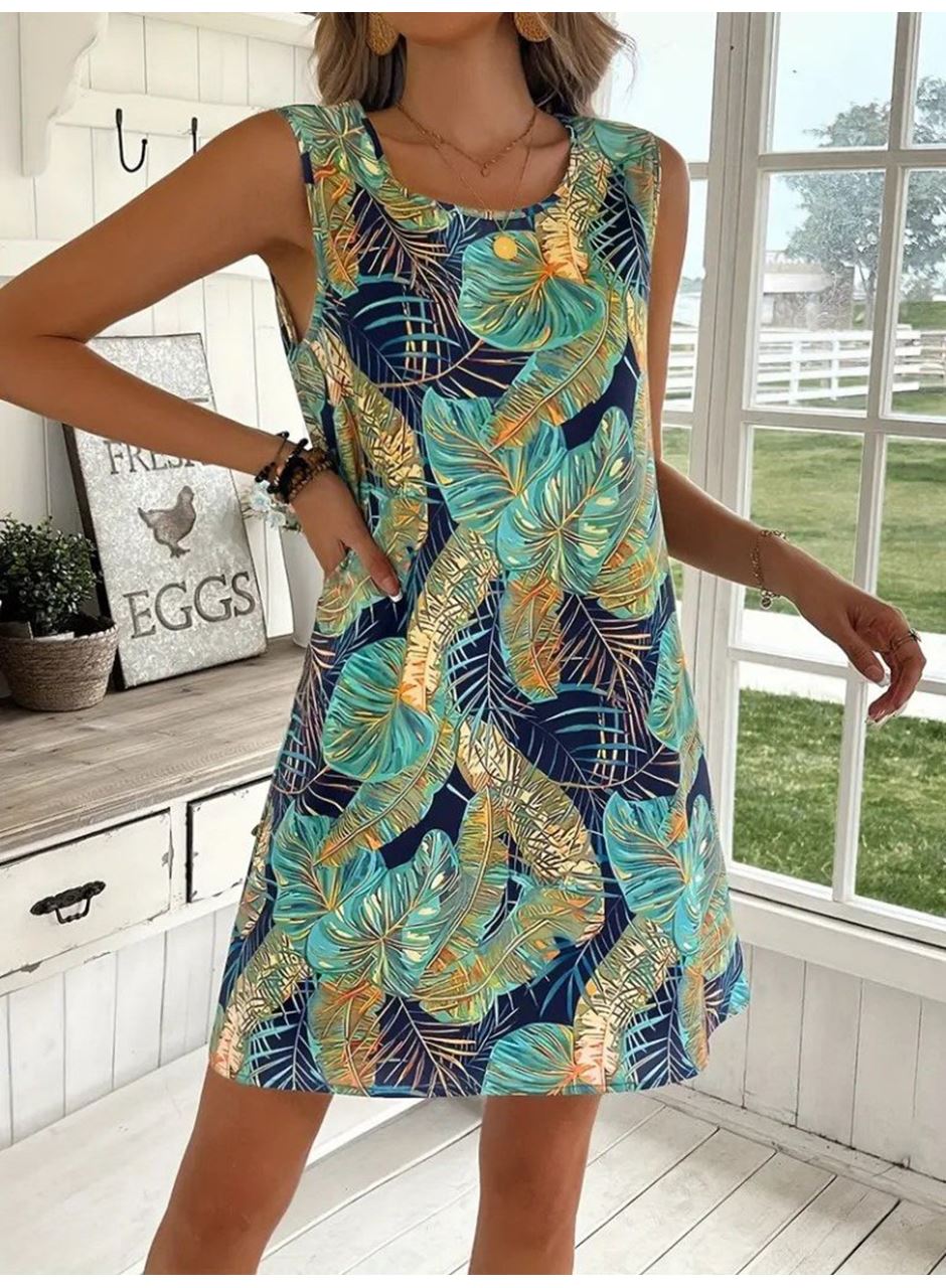 Kadın Sıfır Kollu Yuvarlak Yaka Desenli Süprem Elbise