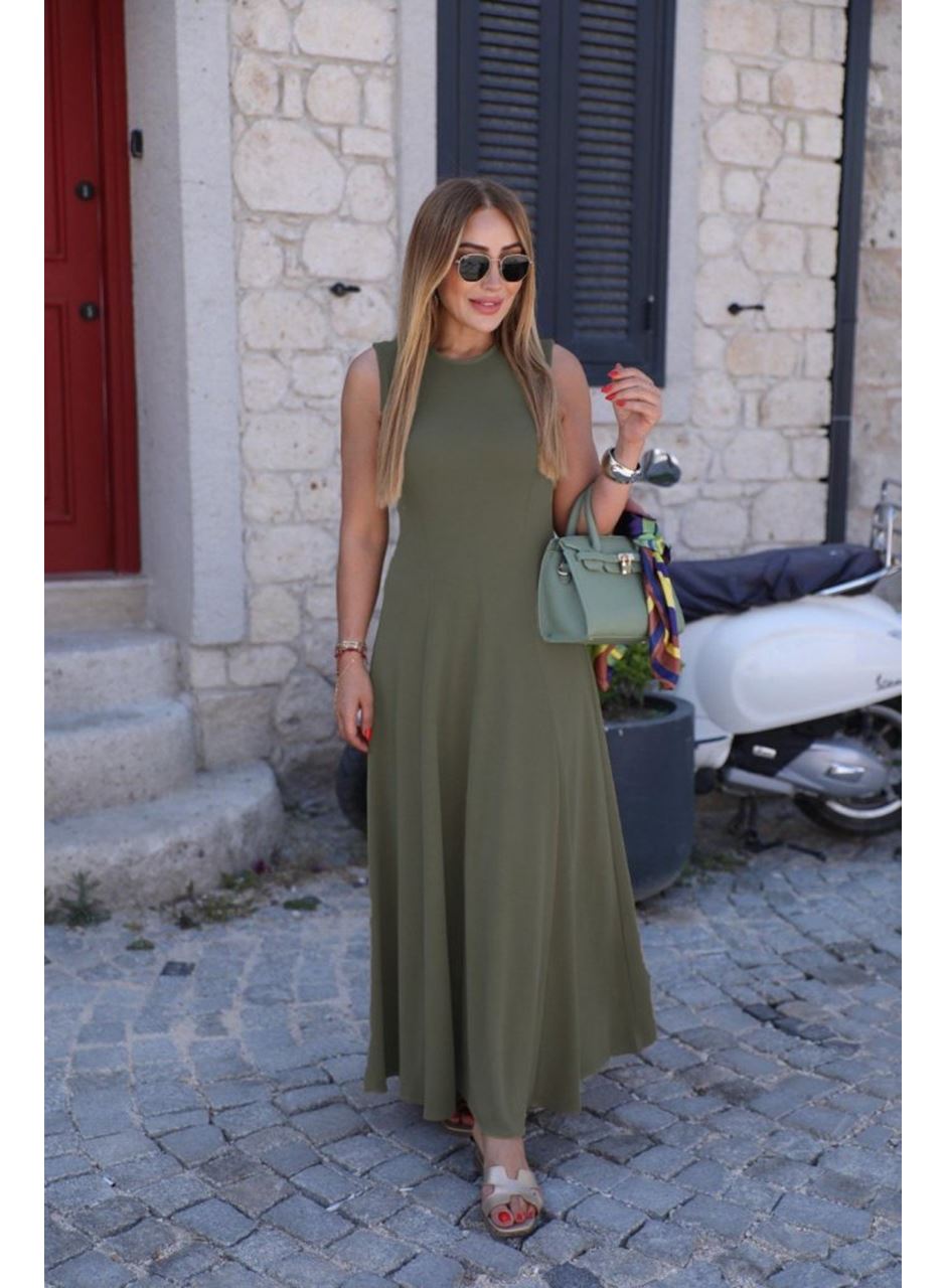 Kadın Sıfır Kollu Bisiklet Yaka Viskon Elbise