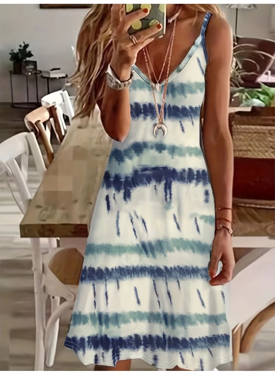 Kadın Ip Askılı V Yakalı Karışık Renkli Süprem Elbise