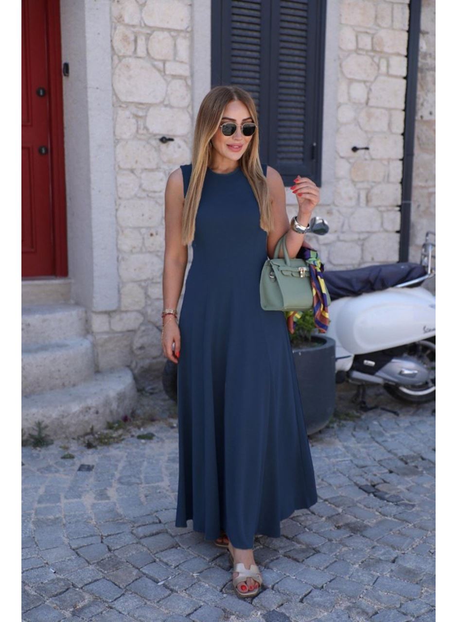 Kadın Sıfır Kollu Bisiklet Yaka Viskon Elbise