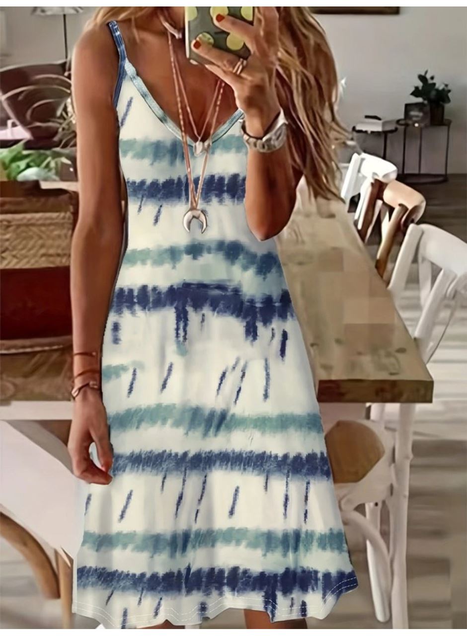 Kadın Ip Askılı V Yakalı Karışık Renkli Süprem Elbise