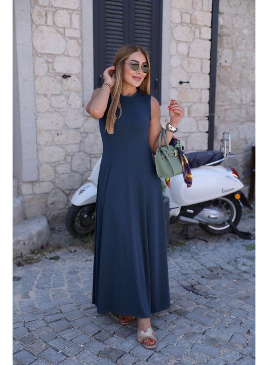 Kadın Sıfır Kollu Bisiklet Yaka Viskon Elbise