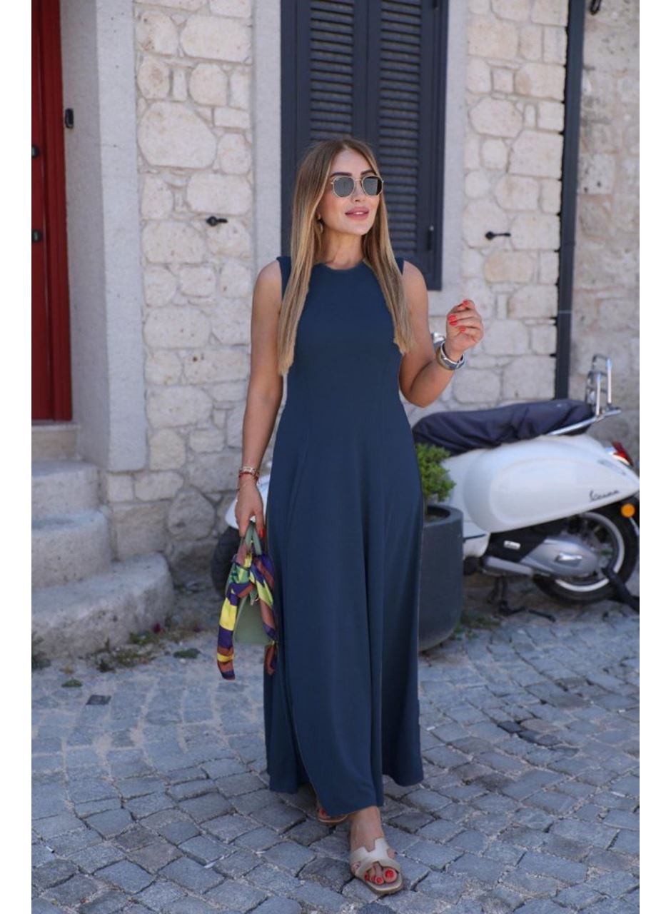 Kadın Sıfır Kollu Bisiklet Yaka Viskon Elbise