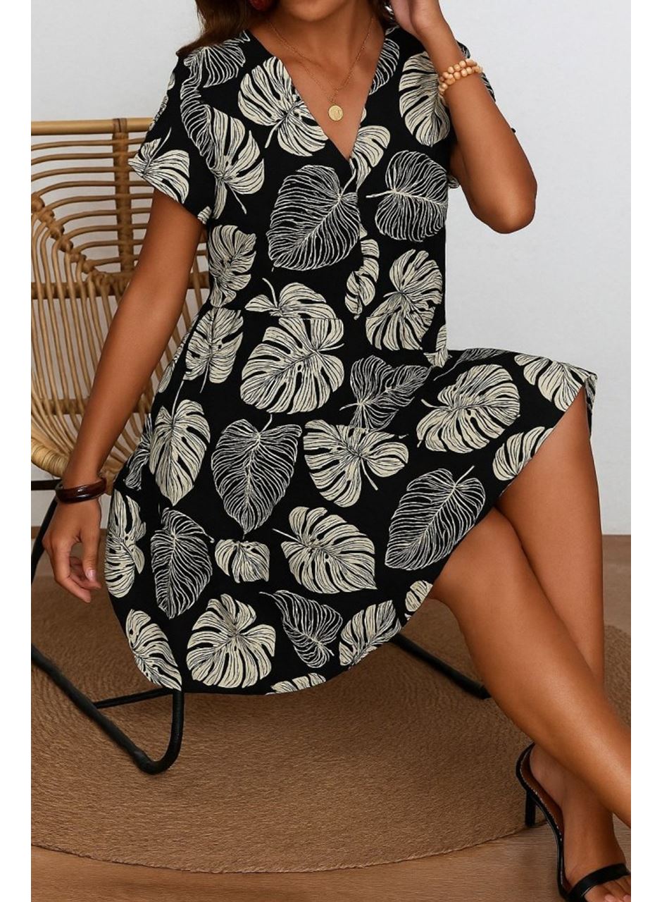 Kadın Kısa Kollu V Yakalı Kiloş Desenli Süprem Elbise