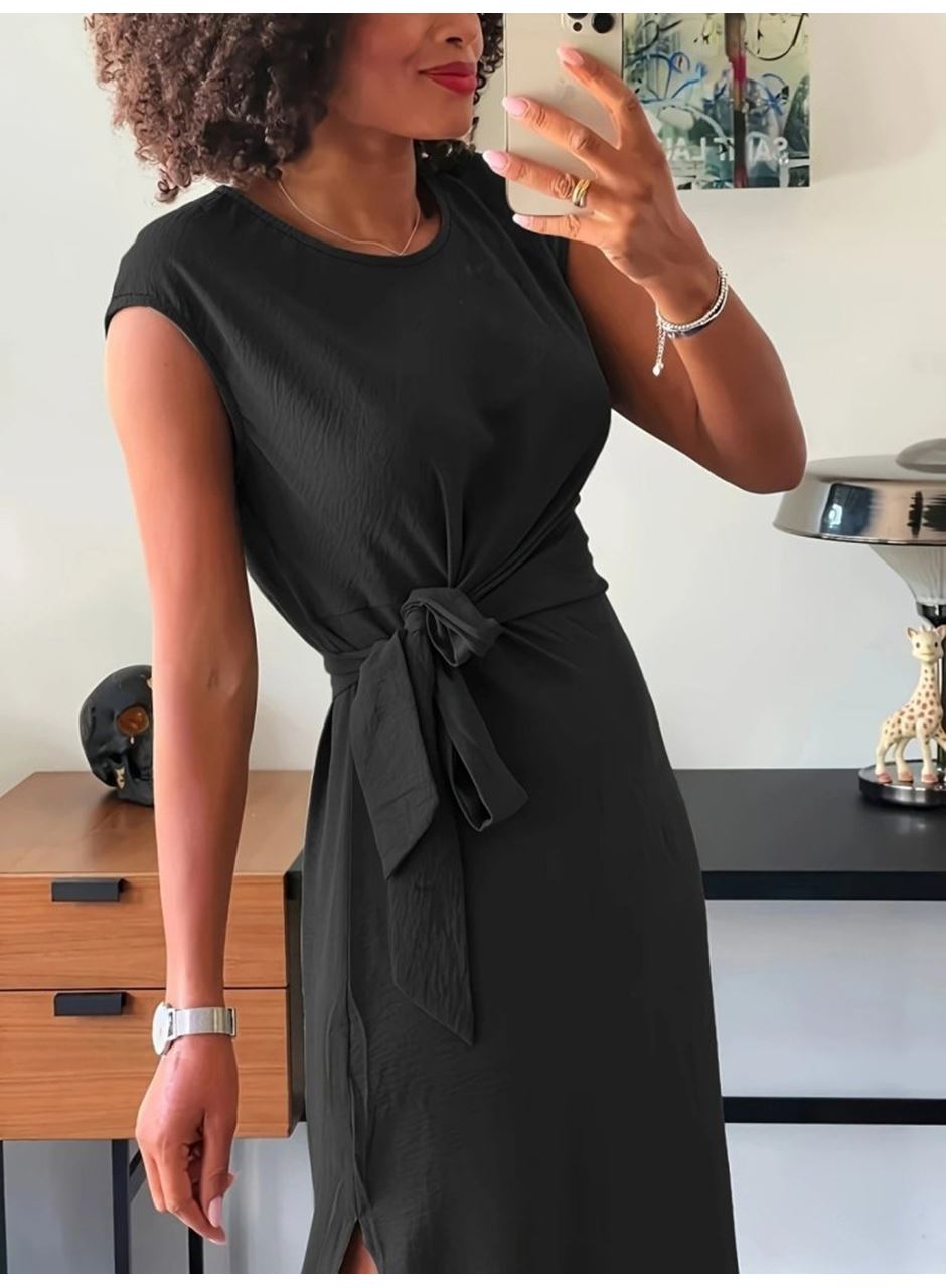 Kadın Kısa Kollu Yuvarlak Yaka Belden Bağcıklı önden Yırtmaçlı Aerobin Elbise