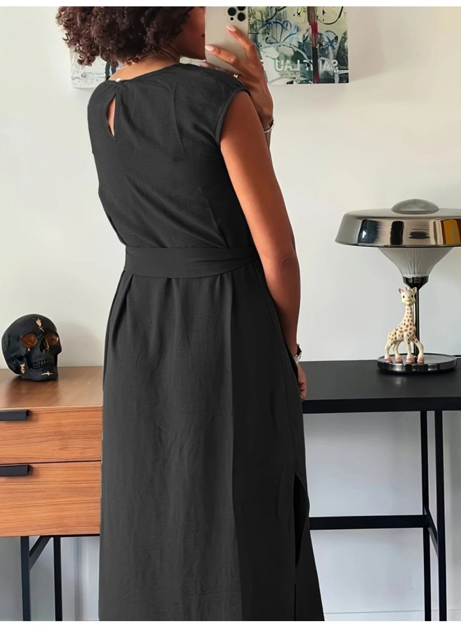 Kadın Kısa Kollu Yuvarlak Yaka Belden Bağcıklı önden Yırtmaçlı Aerobin Elbise