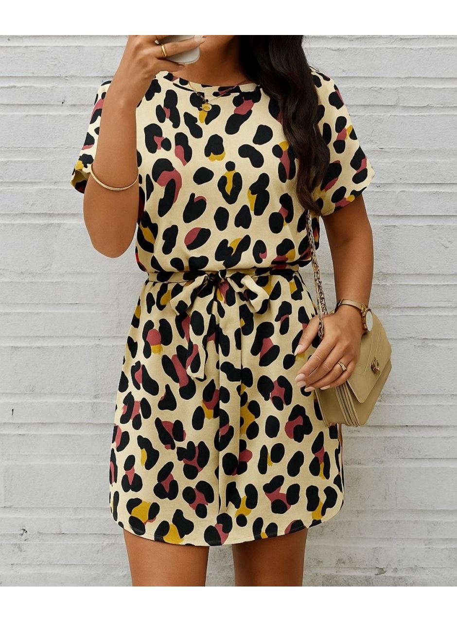 Kadın Kısa Kollu Yuvarlak Yaka Beli Kuşaklı Geometrik Desenli Süprem Elbise