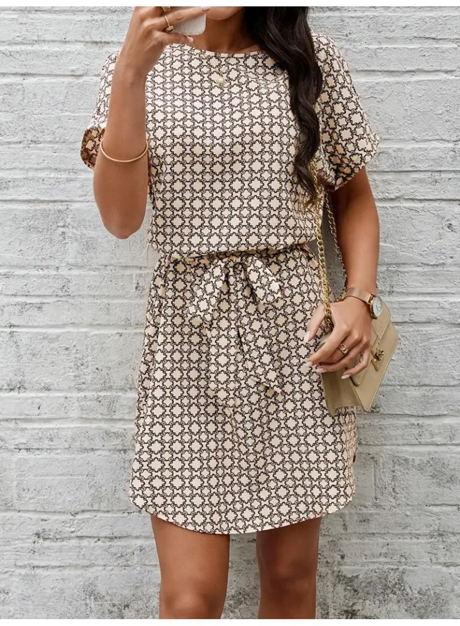 Kadın Kısa Kollu Yuvarlak Yaka Beli Kuşaklı Geometrik Desenli Süprem Elbise