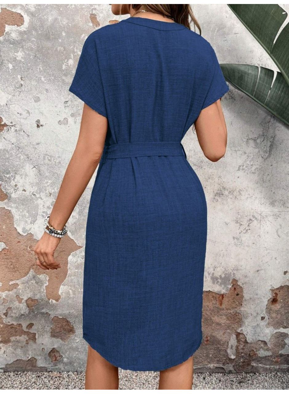 Kadın Kısa Kollu V Hakim Yaka Belden Kuşaklı Valencia Elbise