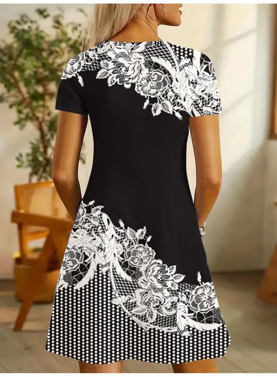 Kadın Kısa Kollu V Yakalı çiçek Baskılı Süprem Elbise