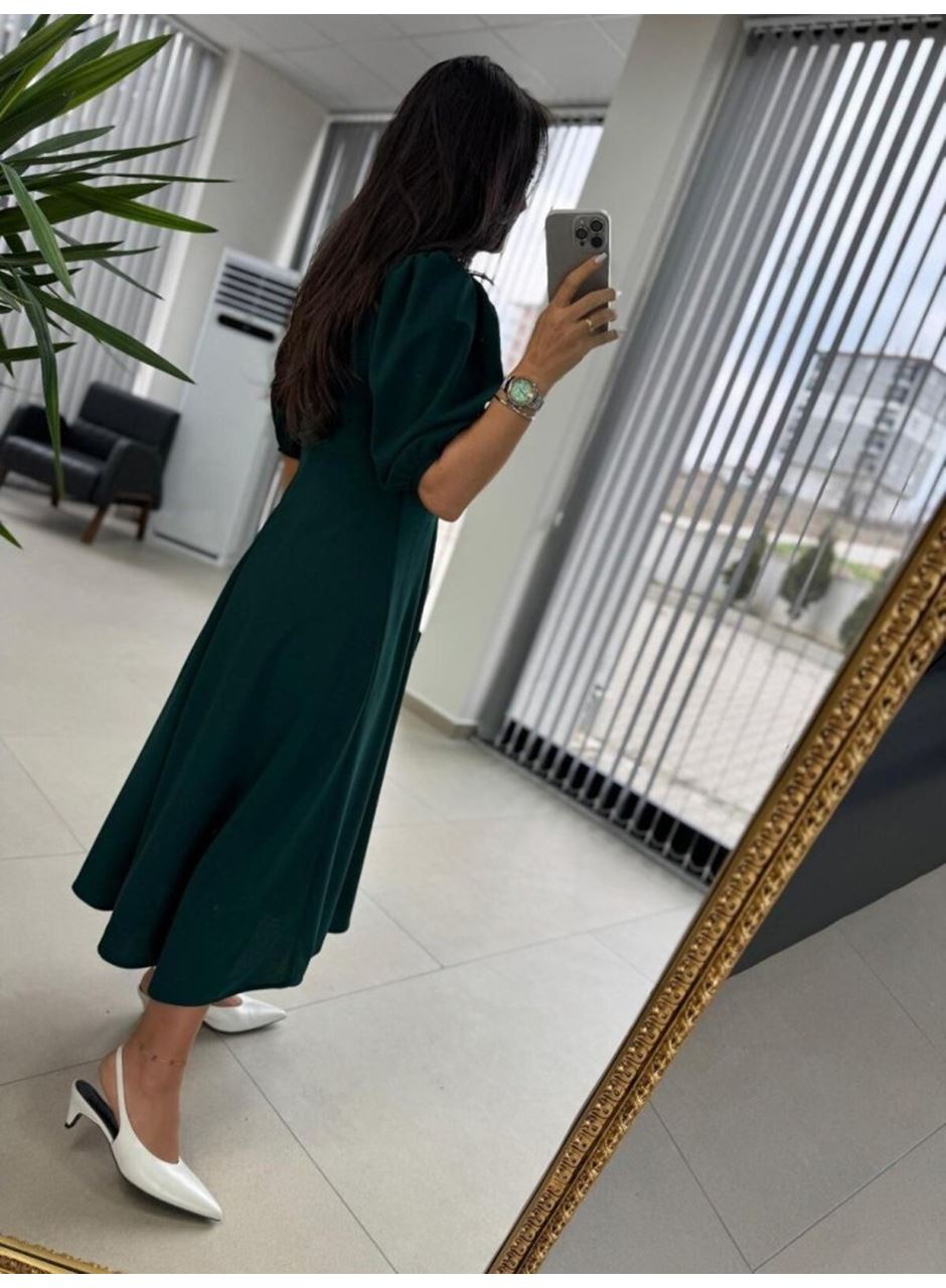 Kadın Kısa Kollu Bisiklet Yaka Fiyonk Broşlu Midi Janjan Krep Elbise