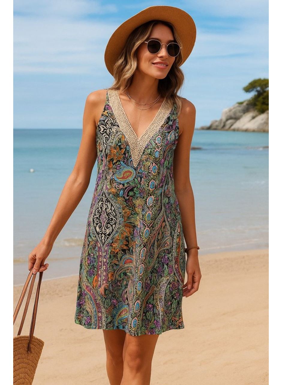 Kadın Kısa Kollu Dantel V Yakalı Desenli Süprem Elbise