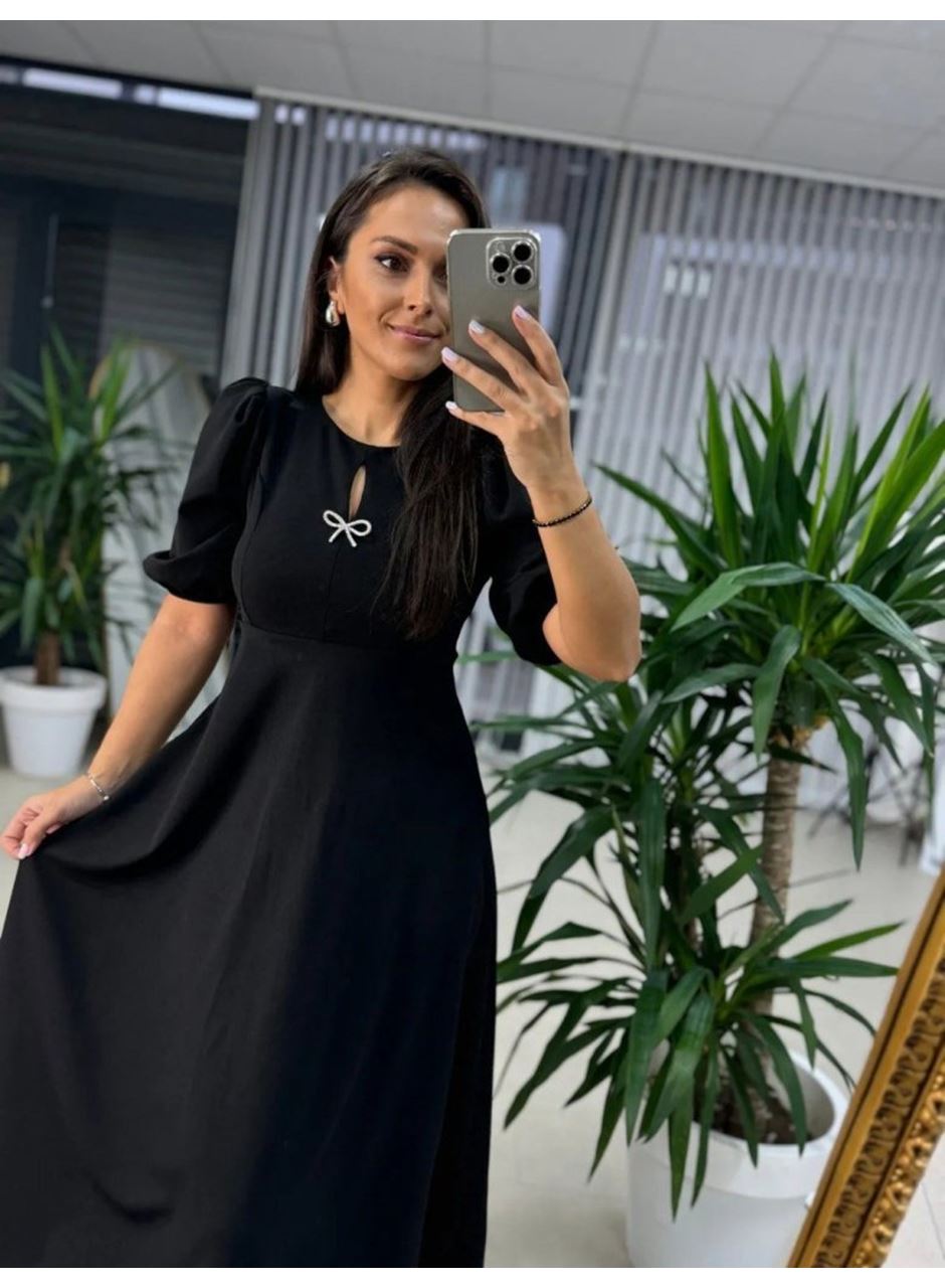 Kadın Kısa Kollu Bisiklet Yaka Fiyonk Broşlu Midi Janjan Krep Elbise