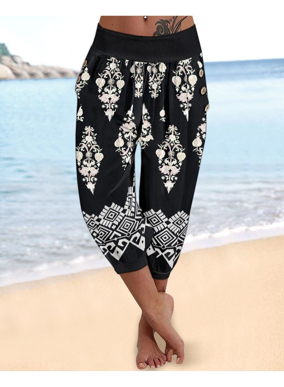 Kadın Beli Lastikli Etnik Desenli Kapri Süprem Pantolon
