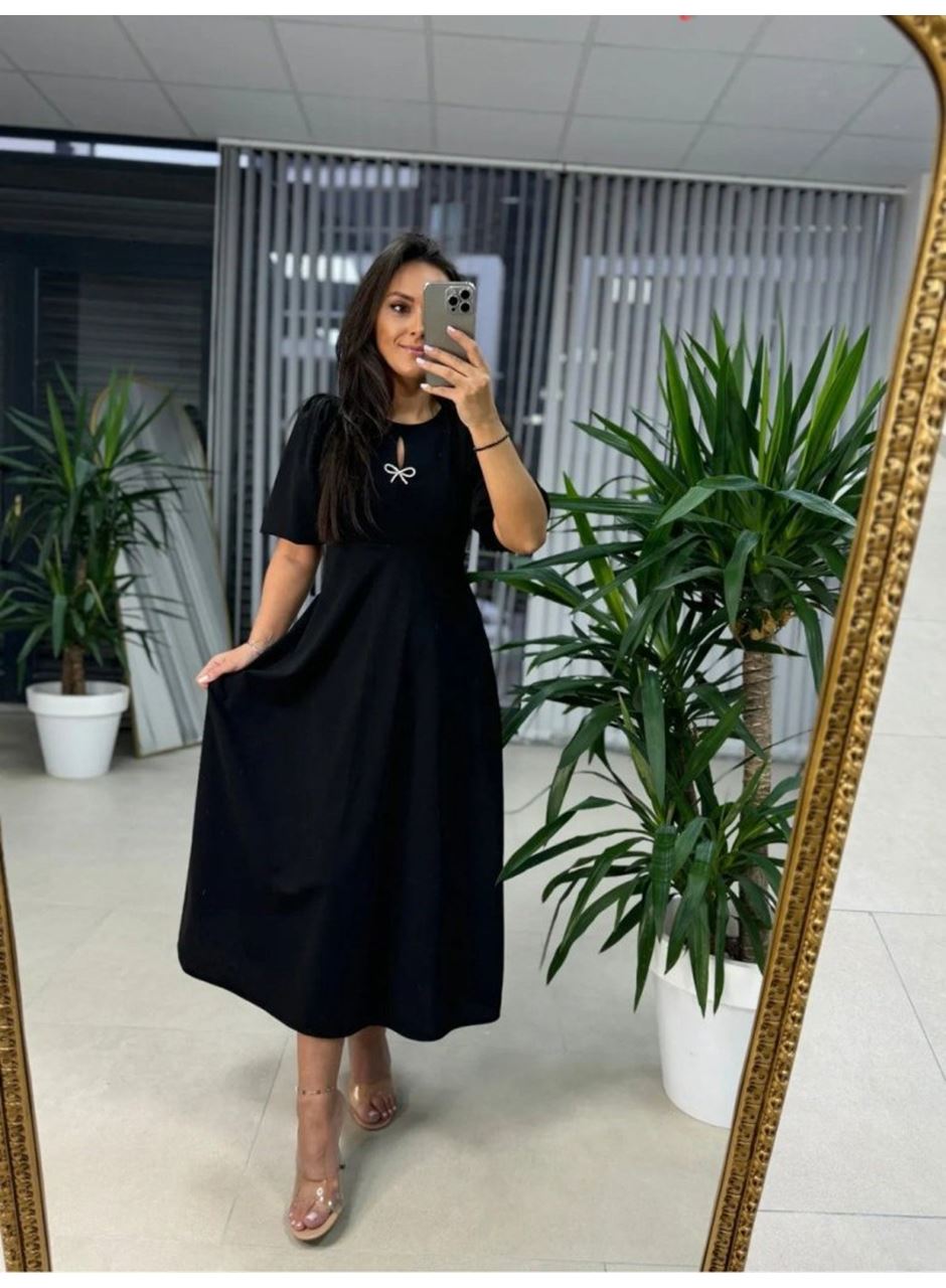 Kadın Kısa Kollu Bisiklet Yaka Fiyonk Broşlu Midi Janjan Krep Elbise