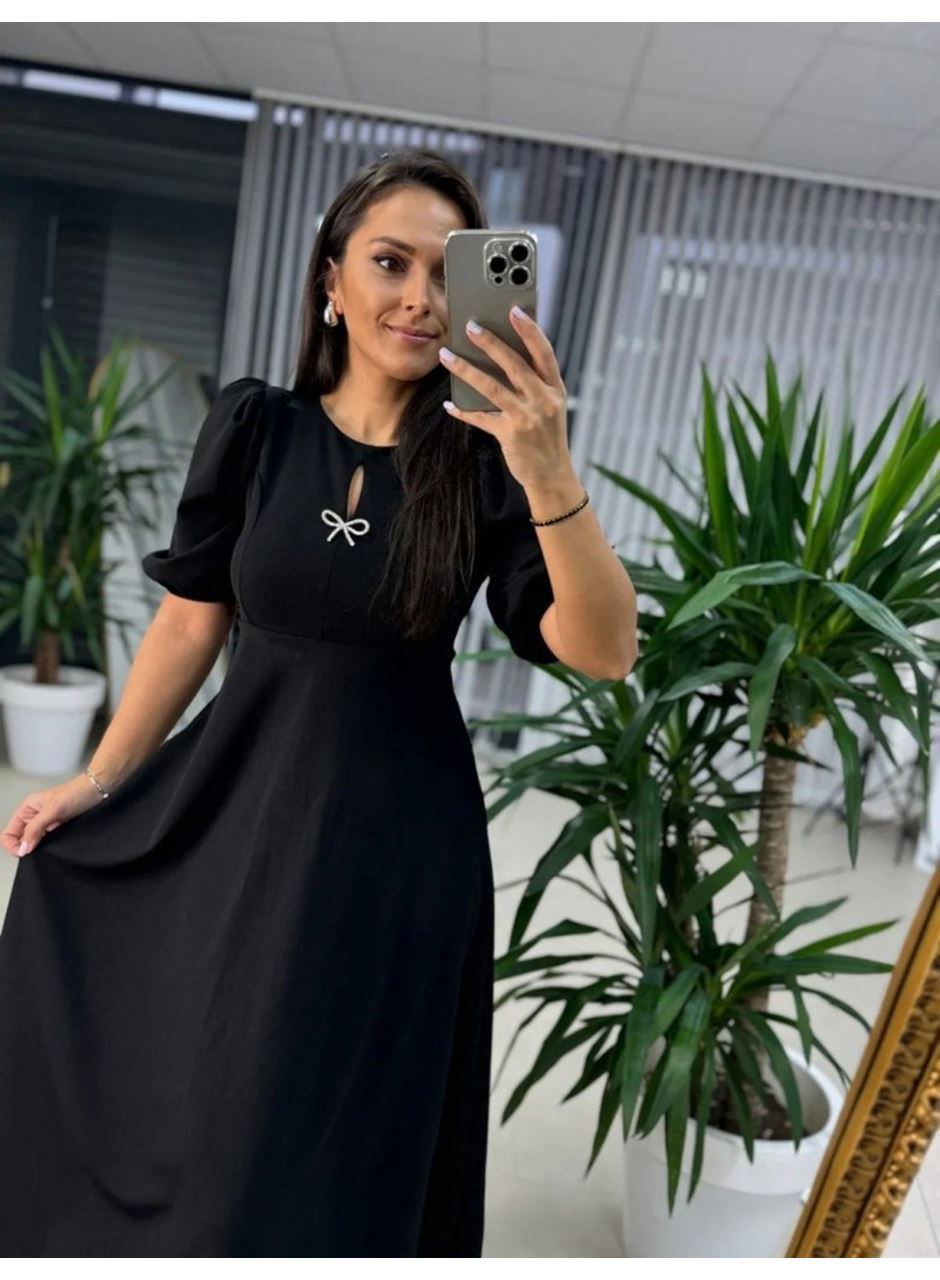 Kadın Kısa Kollu Bisiklet Yaka Fiyonk Broşlu Midi Janjan Krep Elbise