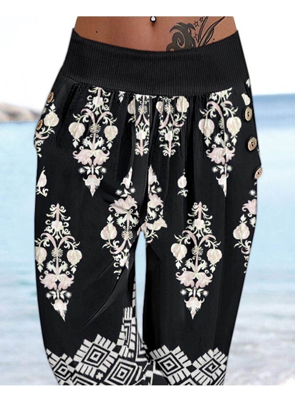 Kadın Beli Lastikli Etnik Desenli Kapri Süprem Pantolon