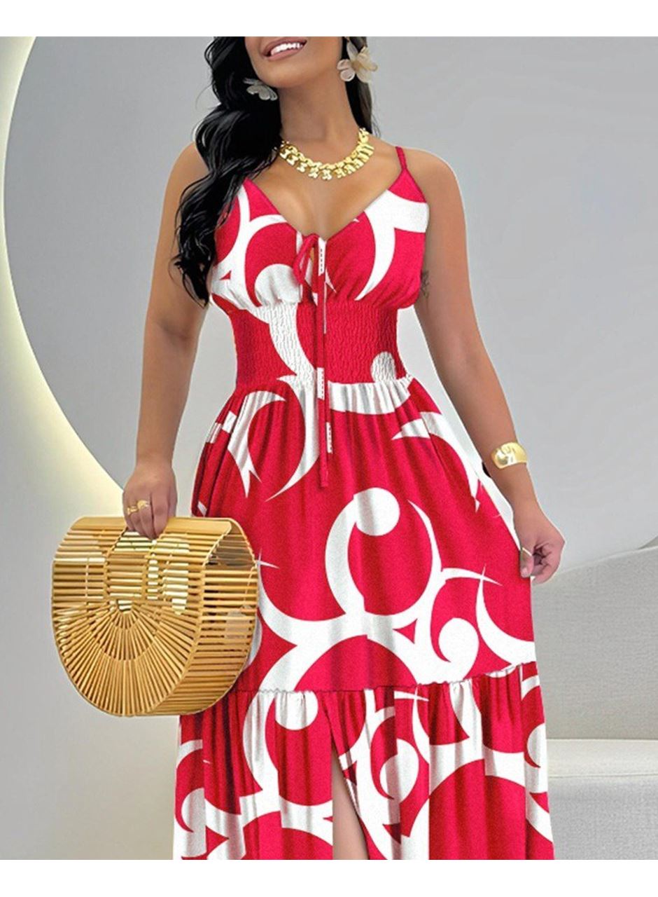 Kadın Ip Askılı Dekolteli Bağcıklı Yırtmaçlı Desenli Süprem Elbise