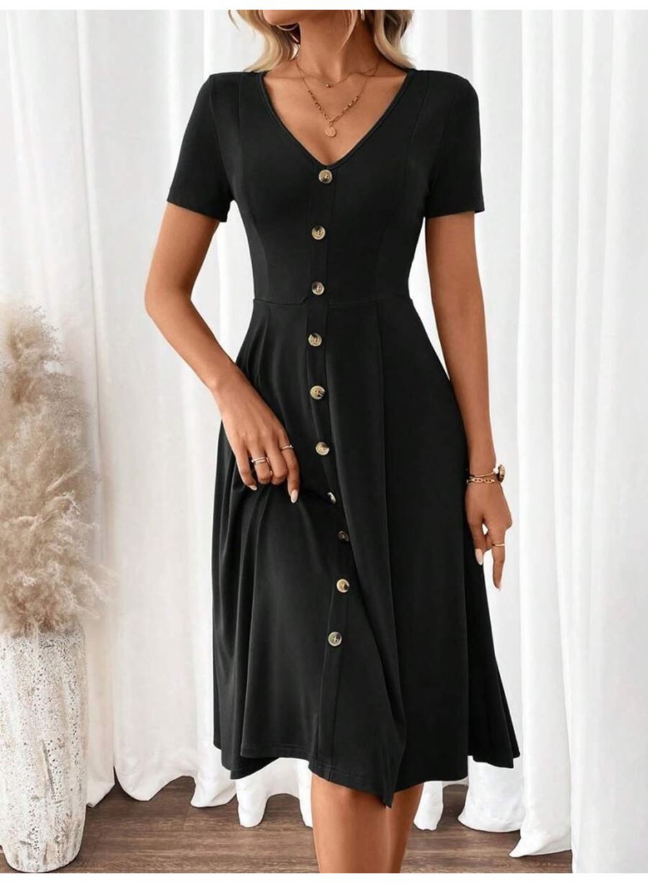 Kadın Kısa Kollu V Yakalı önden Düğmeli A Kesim Dokuma Elbise